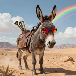 drawing of the an hippie donkey with a saddle with wind instruments on the side, looking directly at the camera, wearing red tinted sunglasses. Slight smile. in the desert, rainbows and clouds in the background. 50mm. Intricate. Very detailed 8k. Sharp. Cinematic post-processing. Unreal engine. Nanite. Ray tracing. Parallax. Tessellation