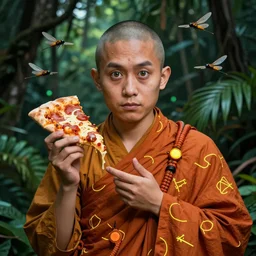 portrait of a pizza monk, with magic chunk, fluro print, and jungle funk, lucid eyes, dragon flies, synthesized to end all lies