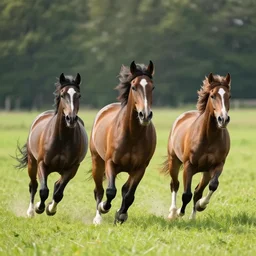 three horses running in a field, by ansin martin