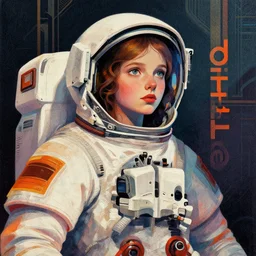 ( ( dither ) ), editorial illustration portrait of a young astronaut girl, colorful, modern art deco, mads berg, karolis strautniekas, christopher balaskas, stippled light, moody, fine texture, dramatic lighting, dynamic composition, detailed, matte print, dynamic perspective, muted color