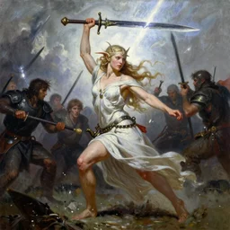 A full portrait oil painting of a berserker woman holding a claymore above her head an running into battle, elven goddess, by Frank Frazetta, Greg Rutkowski, Boris Vallejo, epic fantasy character art, Exquisite detail, post-processing, low angle, masterpiece, cinematic, lightning