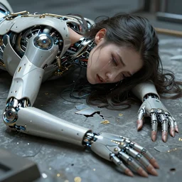 ultra realistic, cyborg woman crying and broken and lying on a surface, cyberpunk, sci-fi, fantasy, intricate details, elegant, highly detailed, photorealistic, octane render, 8k, HD, art by artgerm and greg rutkowski and alphonse mucha
