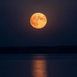 orange full moon rising over the lake horizon at night, photograph, iso 1 0 0 0