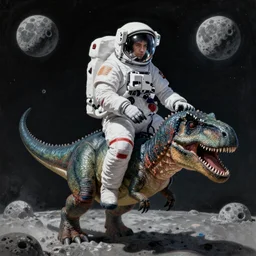 A hyper real comic book style portait painting of an atronaut rides a dinosaur on the moon, unreal 5, hyperrealistic, octane render, cosplay, RPG portrait, dynamic lighting