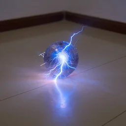 a realistic picture captured with a camera of a ball of electricity with long bolts forming over tiles of the floor of a room, 4 k realistic image capture high definition