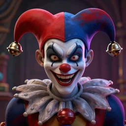 the evil jester smirking wearing cap with bells, lovecraft scene, detailed portrait, 3 d, intricate details, by vincent di fate, artgerm, smooth gradients, octane render, 8 k, volumetric lightning, depth of field, coherent face, vivid colors