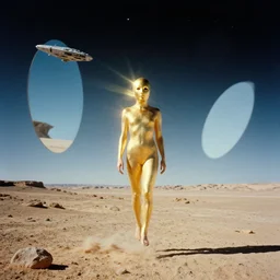 levitating glowing bene gesserit with full - face golden mask in a dry rocky desert landscape, visible sky and sunny atmosphere, fata morgana giant mirrors, black star in the sky, surreal space - ship in the sky by alejandro jodorowsky, christopher doyle, anamorphic lens flares, kodakchrome, portra, film grain, cinematic composition, practical effects, 8 k,