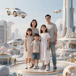 the perfect family portrait in a futuristic city, flying cars, high tech gear, ornemental, intricate, delicate.