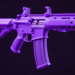 close up of a neon rifle from Call of Duty, the rifle is purple on a solid dark background in full frame, epic composition, cinema4D, plastic texture, dense film grain, foreground focus