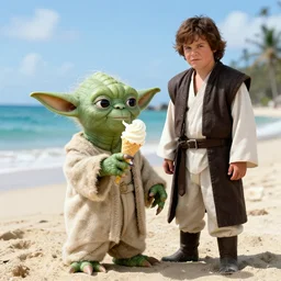 yoda at the beach with anakin skywalker eating ice-cream