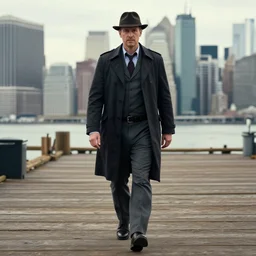 a detective walking down the docks, city skyline in the background, by hugo pratt