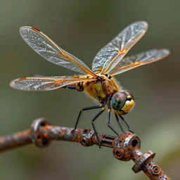 a macro photograph of a dragonfly made of rusty machine parts by adam gor, by javier ruperez, 8 k
