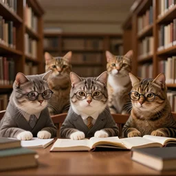 portrait of intellectual cats studying in a library, bokeh, low lights, wide angle, wearing glasses, highly detailed clothing, octane render, unreal engine, trending on artstation.