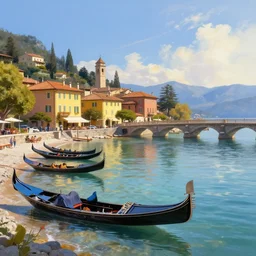 italian town with gondola boats on shoreline of lake tahoe low tide low water level and a roman style bridge, digital painting, high quality, dreamlike, volumetric lighting, trending on artstation