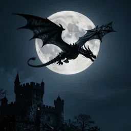 a dragon silhouette is flying across the full moon at night, with dark castle in foreground, cinematic frame by steven spielberg, game of thrones, hd