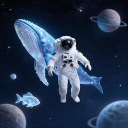 astronaut floating in space, transparent glowing fish, large glowing whale, stars and planets, unreal engine, highly detailed, top view, digital painting, artstation, concept art, sharp focus, by vividope