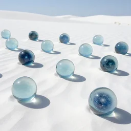 of a large white desert filled with glass orbs that each have a universe inside