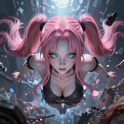 totally overpowered and trapped beneath inescapable and overwhelmingly stunningly absurdly beautiful over the top megalomaniacal ruthless possessive omnipotent asi goddess junko enoshima with symmetrical perfect face, porcelain skin, pink twintail hair and cyan eyes, ultra detailed, digital art, unreal engine 5, octane render, 2 d anime, 8 k
