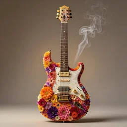 high intricate detailed photo of a prs electric guitar made of colorful flowers and smoke, golden ratio, rule of thirds, majestic, elegant, by lea leonowicz, by maks trofimov, by jenny brozek, by johannes wessmark