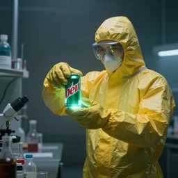a person in a yellow hazmat suit handling a glowing can of mountain dew with oversized gloves in a dark laboratory, hazy atmosphere, sharp focus, moody lighting, imax, dystopian, by simon stalenhag