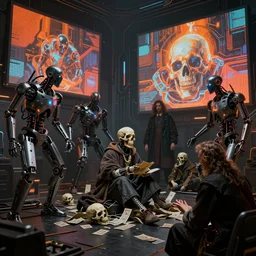futuristic neon lit scene of death of the money lenders, robot cyborgs, futuristic oil painting by rembrandt and jeff koonz, ( led panel screens and projections ), intricate details, ultra realistic, dynamic lighting, black and orange colour palette, octane render