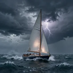 sailboat in stormy waters, dark clouds, huge waves, gloomy, overcast, moody atmospheric, storm clouds, lightning illuminating sails, concept art, detailed, artstation award