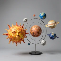 a kinetic sculpture of this solar system, sun, mercury, venus, earth, moon, mars, jupiter, saturn, uranus, neptune, pluto, orrery, canon 5 d 5 0 mm lens, papier - mache, studio, artificial intelligence