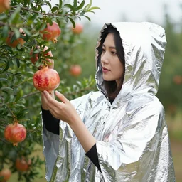a closeup portrait of a woman wearing a hooded cloak made of reflective mylar balloons, picking pomegranates from a tree in an orchard, foggy, moody, photograph, by vincent desiderio, canon eos c 3 0 0, ƒ 1. 8, 3 5 mm, 8 k, medium - format print