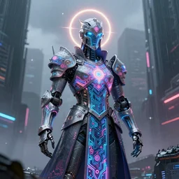 an epic portrait of a cyberpunk robot wizard knight with a digital netrunner neon filigree robe and a saintly halo behind their head in a mist-filled brutalist international futurist megacity, muted neon and constant rain with alien stars poking through the clouds, unreal 5, DAZ, detailed, octane render, soft focus, brilliant colors, high contrast, brilliant highlights, 4k, 8k, HD, trending on artstation, trending on DeviantArt, art by Alena Aenmai by Wayne Barlowe by Beeple, abstract