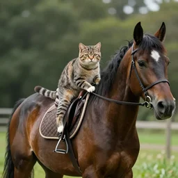 a cat riding on a horses back, photorealistic art, high definition