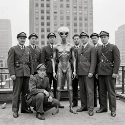 photograph of first alien on earth, posing in disguise among humans, in group photograph, 1932 David Eger troopers atop a skyscraper, vintage style, hyper realistic