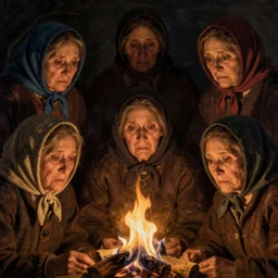 six old women in the dark around a fire, closeup of faces, sad expression, wearing hair scarfs, hyper detailed, trending on artstation, classic painting