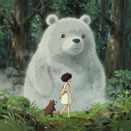 a girl with her pet bear made of mist walking through the forest, art by hayao miyazaki, studio ghibli film, 4k, hi res, high detail