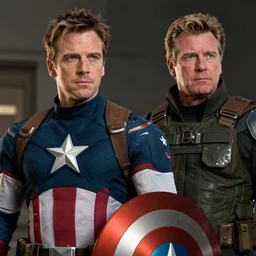 a film still of ricky gervais as captain america and steve carell as winter soldier
