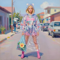 still from music video of barbie from die antwoord standing in a township street, wearing a trashbag hoodie garbage bag and flowers, street fashion, full figure portrait painting by martine johanna, ilya kuvshinov, rossdraws, pastel color palette, shiny plastic, detailed impasto brushwork, impressionistic, barbara palvin