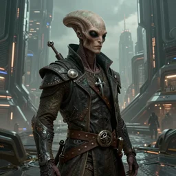 unknown merchant, half human half alien, trending on artstation, ultra futuristic city in the background, perspective depth, highly detailed, 8k, Rembrandt, WLOP, Craig Russell, Barry qindsor-smith, Greg rutkowski, Alphonse Mucha