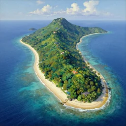 a beautiful landscape painting of a tropical island in the middle of the ocean, by alfons maria mucha, trending on artstation, super ultra detail, aerial photography