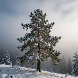 snowy pine tree landscape, foggy
