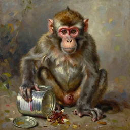 a monkey being eaten by a tin can, oil on canvas portrait painting