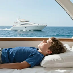 Boy is lying on the bed and dreaming about yachting