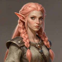 female firbolg dungeons and dragons long braided peach color hair, wearing an old tunic, d & d digital character illustration, artstation trending female illustration, intricate, sharp focus, hyper detailed, digital painting, matte, character art by prywinko art, pyromallis rene maritte, masterpiece