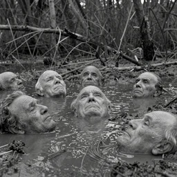 movie still by tarkovsky of elder obese heads floating on mud pond, swamp backround, cinestill 8 0 0 t 3 5 mm b & w, heavy grain, high quality, noir, natural textures, photorealistic, ambient occlusion, hd, ultra wide lens, anamorphic