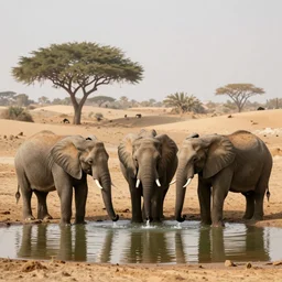 Elephants drinking wine at a desert oasis, 8K HD nature photo