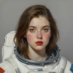 a portrait of a very beautiful woman in a spacesuit with a thin scar across her left cheek, brown eyes, shoulder-length brown hair, deep red lips, bored, illustration, soft lighting, soft details, painting oil on canvas by mark arian by artgerm, trending on artstation, 4k, 8k, HD