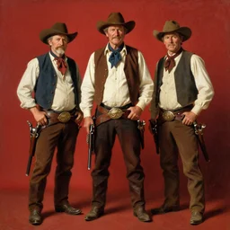 Solomon Joseph Solomon and Richard Schmid and Jeremy Lipking victorian genre painting portrait painting of John Wayne a old rugged cowboys gunfighter old west character in fantasy costume, red background