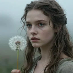 gorgeous awe - inspiring fairy appears from a misty landscape, beautiful facial features, disintegrated dandelion flower in a soft breeze, fantasy concept art, realistic face and skin tone, mystical, smooth, sharp focus, volumetric lighting, in the style of the lord of the rings, artstation, cinematic color grading
