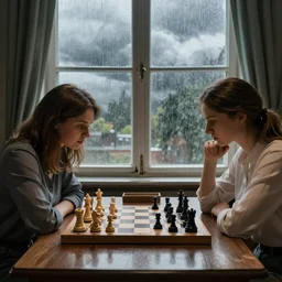 two women playing chess in ukraine. its raining outside and thundering window is visible. highly detailed. 8k. wide shot. photography
