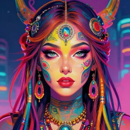 colorful character portrait of a female hippie, set in the future 2 1 5 0 | highly detailed face | very intricate | symmetrical | cinematic lighting | award - winning | painted by mandy jurgens | pan futurism, dystopian, bold colors, cyberpunk, groovy vibe, anime aesthestic | featured on artstation