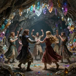 medieval people dancing in a cave, there are colorful crystals on the ceiling and on the ground, by greg rutkowski, in the style of magic the gathering, 4k, very detailed