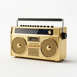 golden boombox, clean 3d render, octane render, isolated on a pure white background, centered, entire object in frame, sharp focus, soft studio lighting